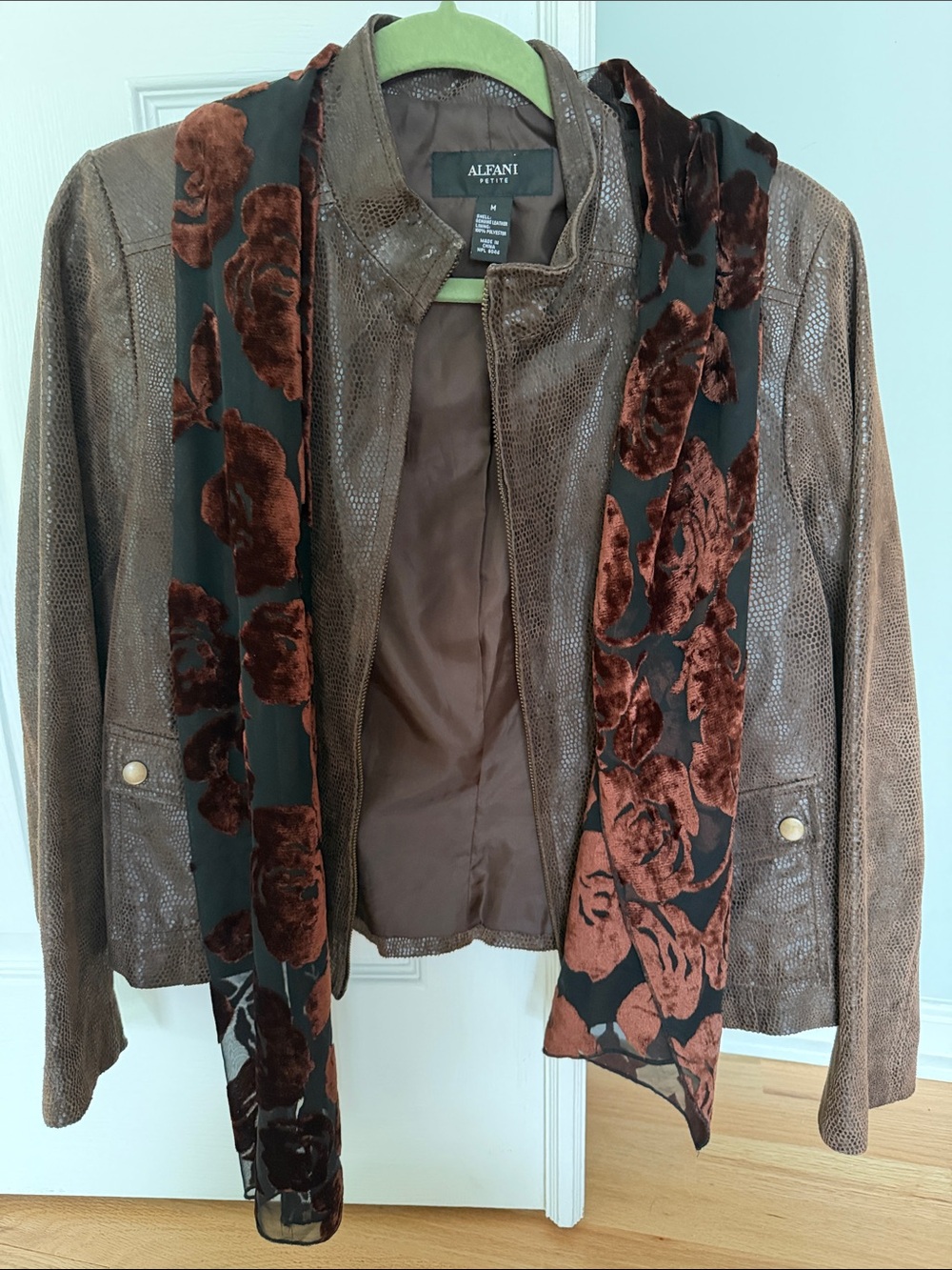 Alfani Brown Textured Jacket with Black and Rust Floral Scarf